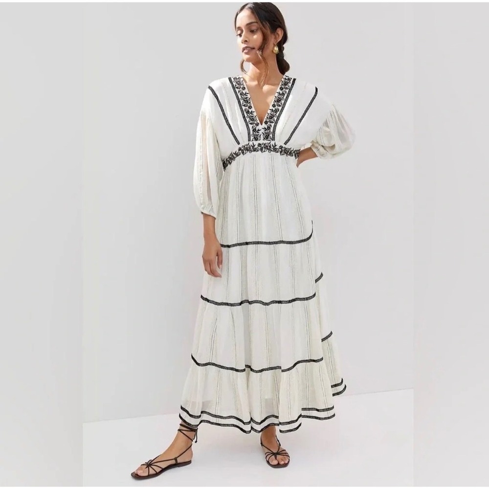 Verb by Pallavi Singhee Anthropologie Embroidered Metallic Maxi Dress Cream M